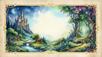 Fantasy landscape with medieval castle, magical tree portal and ornate golden frame border for fairy tale storytelling and enchanted adventure themes.