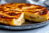 Homemade creamy custard tart with caramelized sugar top and flaky pastry base, sliced to show smooth vanilla filling texture on rustic plate.