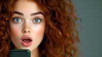 Young woman with bright blue eyes and natural curly red hair holding smartphone with surprised expression against teal background. Lifestyle portrait.