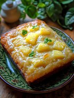 Homemade pineapple upside down cake slice on vintage plate, topped with caramelized pineapple chunks and fresh mint garnish, rustic wooden background.