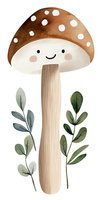 Cute brown spotted mushroom with smiling face and green leaves, watercolor style illustration on white background. Suitable for children's design and nursery decor.