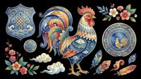 Rooster and decorative ornaments isolated on transparent background, ready for t-shirt design, clipart, stickers, sublimation and print-on-demand products.