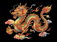Ornate Asian dragon with golden horns, emerald scales, and flowing flames isolated on transparent background, ready for t-shirts, clipart, stickers, sublimation and print-on-demand designs.