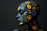 Side profile of dark-skinned female model with golden floral body art and face paint against black background, dramatic artistic makeup for fashion and beauty concepts.