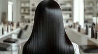 Back view of woman with long straight glossy black hair in salon, showcasing professional hair treatment results for advertising.