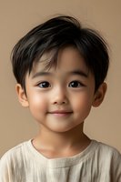 Portrait of young Asian boy with bright smile wearing natural linen clothing against neutral beige background, expressing joy and innocence.