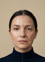 Woman face showing aging process comparison with young and old skin halves for skincare and anti-aging treatment concepts.