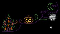 Neon Halloween line art with haunted house, jack-o-lantern, bats, crescent moon and spider web on black background for spooky seasonal designs.