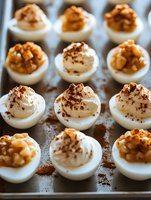 Deviled eggs topped with crispy bacon bits and paprika powder, arranged on parchment paper for appetizers and entertaining.