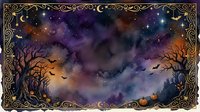 Watercolor Halloween night sky background with bats, bare trees, pumpkins, and ornate golden frame. Spooky purple cosmic atmosphere for seasonal design.