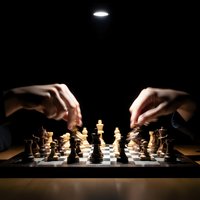 Strategic chess game with protective hands hovering over wooden pieces on board under dramatic spotlight illumination for business planning concepts.