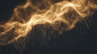 Golden particle wave flowing with sparkling light trails and glowing effects on dark background for digital art and technology concepts.