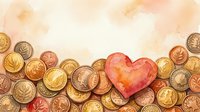 Watercolor heart surrounded by golden coins on soft beige background, symbolizing love, wealth, and financial generosity for cards and prints.