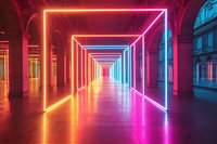 Futuristic corridor with glowing neon geometric frames creating perspective tunnel effect in pink, orange and blue colors, illuminated classical architecture interior.