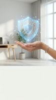 Woman's hand holding glowing digital shield with ornate design and particles in modern office space, representing cybersecurity, data protection, and technology solutions.