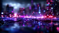 Blurred urban nightscape with vibrant pink and purple bokeh lights reflecting on wet surface, creating dreamy atmospheric cityscape with defocused glowing dots.