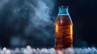 Cold soda bottle with condensation and ice crystals against dark background with smoke effects and bokeh lights creating dramatic beverage photography.