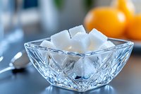 White sugar cubes in elegant crystal glass bowl with geometric pattern, soft natural lighting and oranges in background, shallow depth of field for food styling.