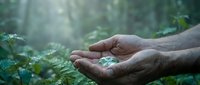Cupped hands holding clear water droplet in lush green forest with sunbeams streaming through trees, symbolizing environmental protection and nature conservation.