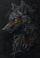 Mystical black wolf with glowing golden ornamental patterns and decorative swirls on dark background, fierce wild animal portrait in fantasy style.