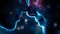 Two human profiles facing each other with glowing blue energy connecting their minds against starry cosmic background with nebula effects and light particles.
