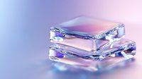 Stacked transparent glass blocks with iridescent reflections and purple-blue gradient lighting creating modern minimalist composition on blurred background.