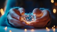 Magical glowing sphere with constellation patterns held in feminine hands against dark background with bokeh lights creating mystical atmosphere.