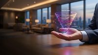 Business professional holding holographic sales funnel with data analytics in modern office conference room at sunset for marketing strategy presentations.