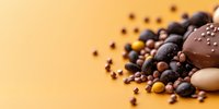 Dark chocolate truffles, cocoa beans, and assorted confectionery decorations arranged on vibrant orange background with copy space for dessert menu or packaging design.