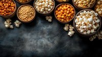 Variety of popcorn and roasted corn snacks in wooden bowls on dark background with copy space, top view. Healthy and unhealthy movie night treats.