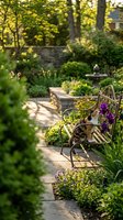 Peaceful garden pathway with ornate metal bench surrounded by lush greenery and colorful flowers creating serene outdoor sanctuary for relaxation and meditation.