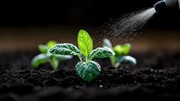 Young green seedling growing in fertile soil being watered with spray mist against dark background. Macro photography showing plant growth and nurturing process.