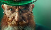 Close up portrait of senior Caucasian man with red beard wearing round glasses and green leprechaun hat against emerald background, magical Irish folklore character.