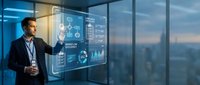 Male professional in business attire interacting with digital holographic interface displaying data analytics and network connections in modern high-rise office with city skyline view.