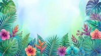 Watercolor tropical jungle border with vibrant hibiscus, exotic flowers, and lush palm leaves on a soft teal background with copy space.
