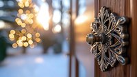 Ornate silver door handle with intricate floral pattern against blurred bokeh lights background creating magical winter holiday atmosphere and cozy home entrance decor.