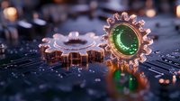 Metallic copper gears with green illumination on circuit board background, macro photography showing technology and engineering concept with bokeh effect.