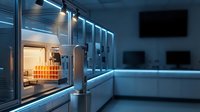 Modern luxury kitchen interior with LED strip lighting and glass cabinets showcasing contemporary home design for residential architecture projects.