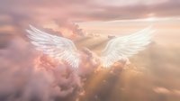 Ethereal white wings emerge from golden clouds at sunset, symbolizing spirituality, hope, and divine presence. Heavenly atmosphere for wellness and inspirational content.