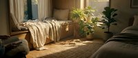Serene bedroom interior with natural sunlight streaming through window, potted plants, beige bedding, and warm neutral tones creating a peaceful, minimalist living space.