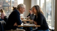Senior Caucasian businessman and middle-aged Caucasian businesswoman having intimate conversation during coffee meeting in modern cafe restaurant.