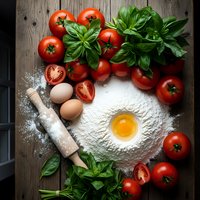 Fresh tomatoes, basil leaves, eggs and flour arranged on rustic wooden table for homemade pasta preparation. Cooking ingredients for Italian cuisine recipes.
