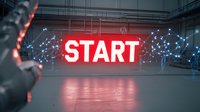 Glowing red neon start sign with futuristic network connections and digital elements against dark industrial background, creating modern technological atmosphere.