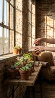 Woman tending succulent plants on wooden windowsill in rustic brick interior with warm natural light streaming through vintage windows.