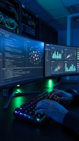 Data analyst hands typing on keyboard with multiple monitors displaying code, charts and network visualizations in modern server room environment.