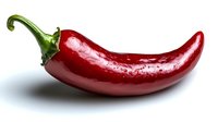 Fresh red chili pepper with green stem and water drops on glossy surface isolated on white background, ready for food packaging and advertising designs.