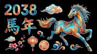 Colorful horse illustration with 2038 text and Chinese characters, isolated on transparent background. Ready for t-shirt design, clipart, stickers, print-on-demand products, and sublimation projects.