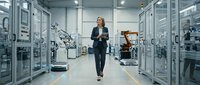 Woman in business attire walking through modern industrial facility with robotic arms and control panels, representing automation, manufacturing, and technological innovation in industry.