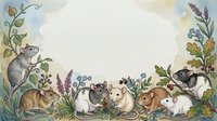 Adorable guinea pigs and hamsters frame with wildflowers and herbs creating charming border for pet care designs and animal lover projects.