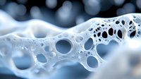 Macro shot of soap foam bubbles creating abstract pattern with delicate white structures and holes against blue background. Scientific research concept.